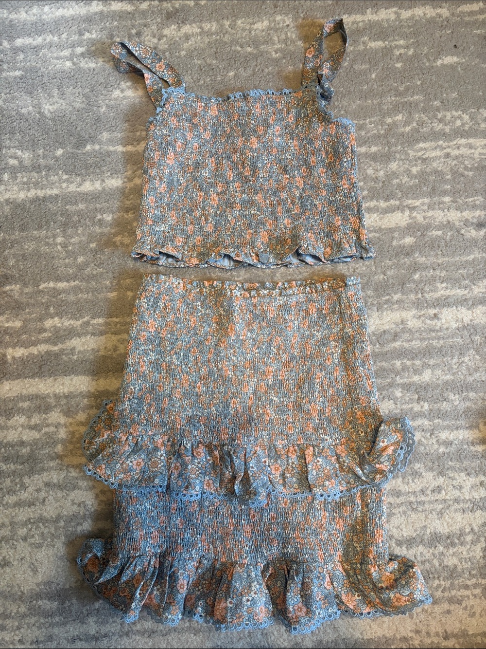 Womens Blue Floral Smocked Ruffle Two-Piece skirt Set - from mixology. Like new!